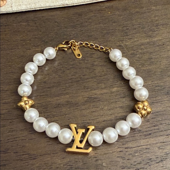 Gold and White Lv Upcycled charm Pearl Bracelet - Picture 5 of 5